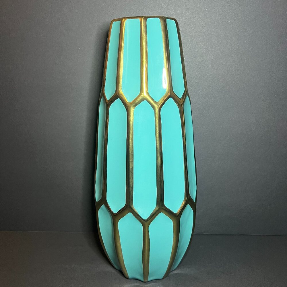 Apropos Home Collection Art Deco Turquoise & Gold Faceted Large Ceramic Vase 14"